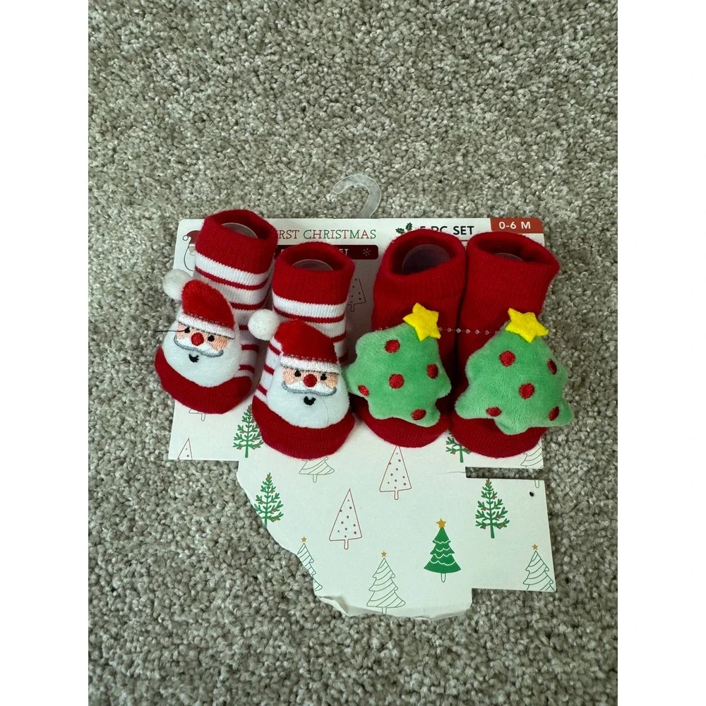 Baby First Christmas Rattle Bootie Set 2 Pairs Santa Christmas Tree Red 0-6M